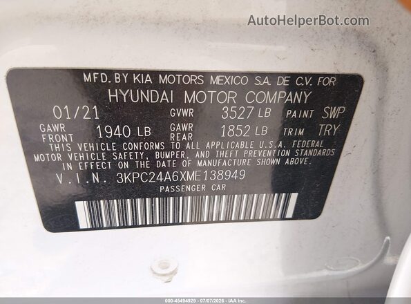 3KPC24A6XME138949 2021 HYUNDAI ACCENT White Շարժիչի բաժամունքի տեսք