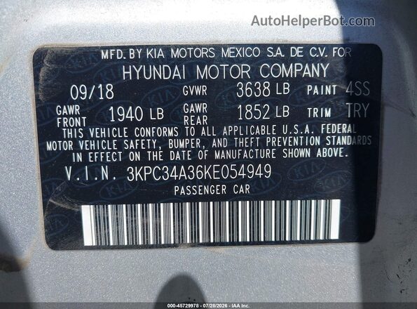 3KPC34A36KE054949 2019 HYUNDAI ACCENT Silver Vista del compartimento del motor