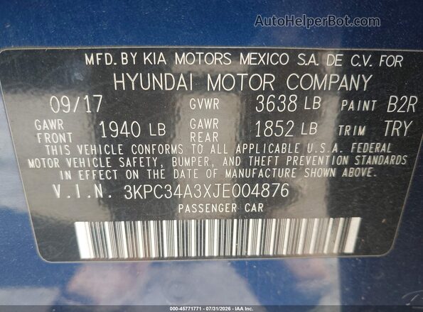 3KPC34A3XJE004876 2018 HYUNDAI ACCENT Blue Շարժիչի բաժամունքի տեսք