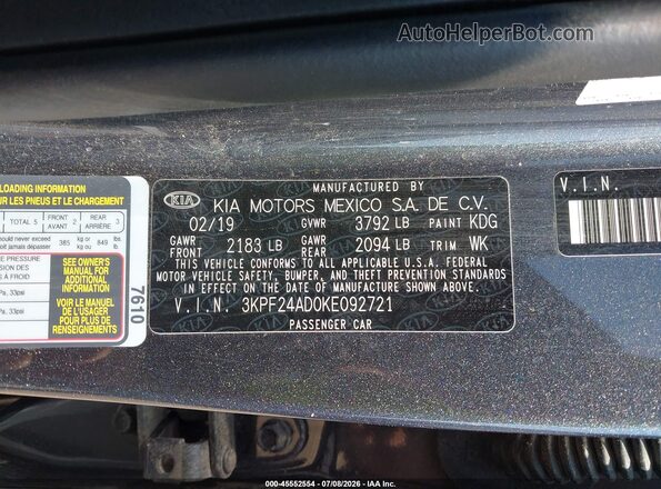 3KPF24AD0KE092721 2019 KIA FORTE Gray Widok komory silnika