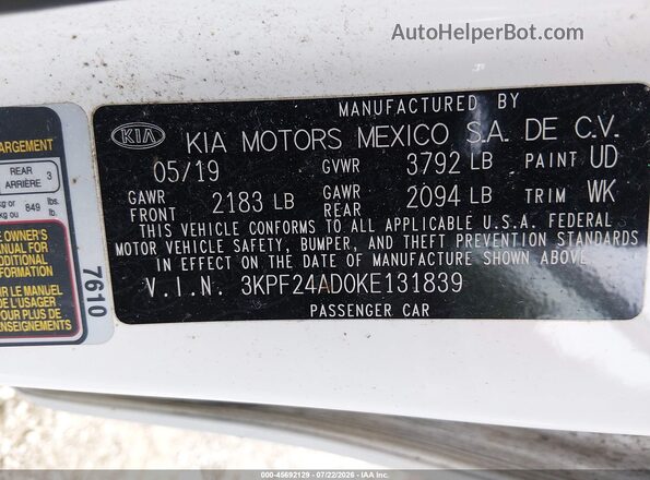 3KPF24AD0KE131839 2019 KIA FORTE White ძრავის განყოფილების ხედი