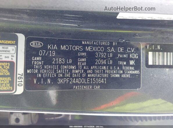 3KPF24AD0LE151641 2020 KIA FORTE Gray Вид підкапотного простору