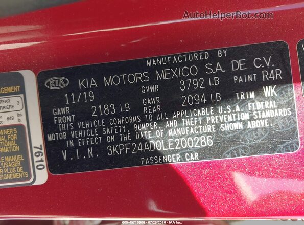 3KPF24AD0LE200286 2020 KIA FORTE Красный Вид подкапотного пространства