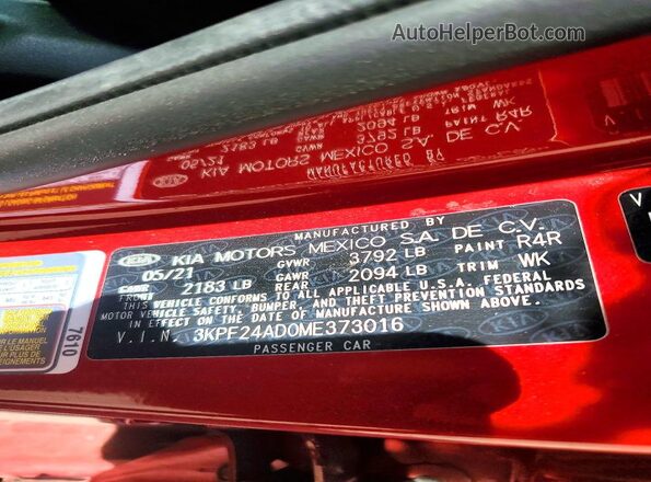 3KPF24AD0ME373016 2021 KIA FORTE Red Vista del compartimento del motor