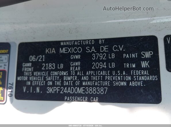 3KPF24AD0ME388387 2021 KIA FORTE White Vista del compartimento del motor