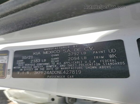 3KPF24AD0NE427819 2022 KIA FORTE Белый Вид наклейки с VIN-кодом