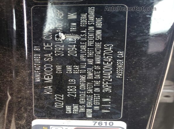 3KPF24AD0NE467043 2022 KIA FORTE Black Вид наклейки з VIN-кодом