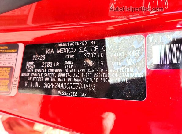 3KPF24AD0RE733893 2024 KIA FORTE Red Շարժիչի բաժամունքի տեսք