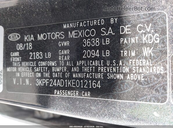 3KPF24AD1KE012164 2019 KIA FORTE Gray Շարժիչի բաժամունքի տեսք