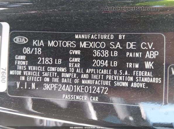 3KPF24AD1KE012472 2019 KIA FORTE Black Widok komory silnika