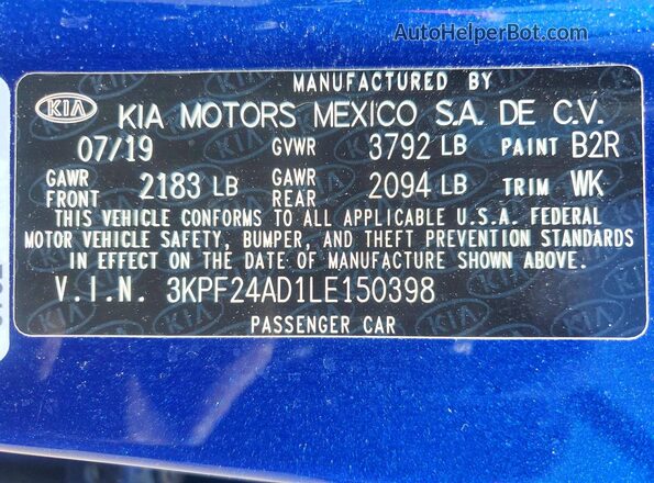 3KPF24AD1LE150398 2020 KIA FORTE Blue Vista de la etiqueta del VIN