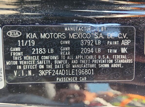 3KPF24AD1LE196801 2020 KIA FORTE Black Вид наклейки з VIN-кодом