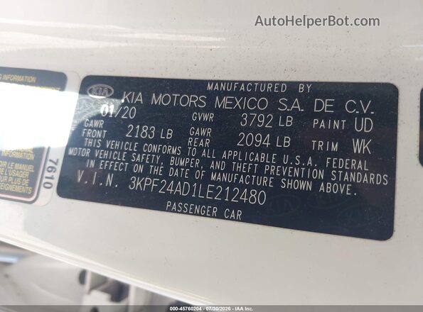 3KPF24AD1LE212480 2020 KIA FORTE White Engine compartment view