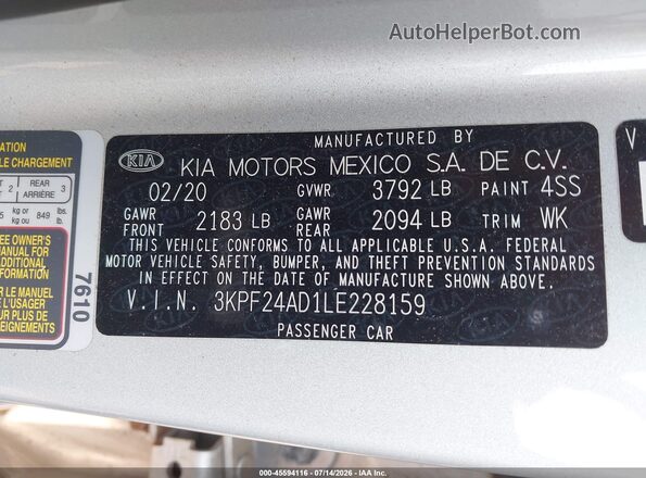 3KPF24AD1LE228159 2020 KIA FORTE Silver Շարժիչի բաժամունքի տեսք