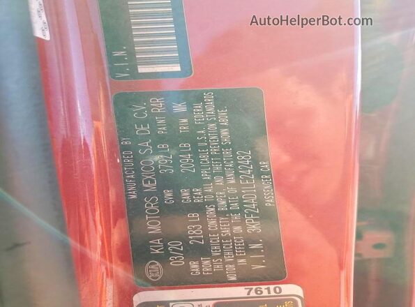 3KPF24AD1LE242482 2020 KIA FORTE Красный Вид подкапотного пространства