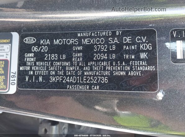 3KPF24AD1LE252736 2020 KIA FORTE Gray Вид підкапотного простору