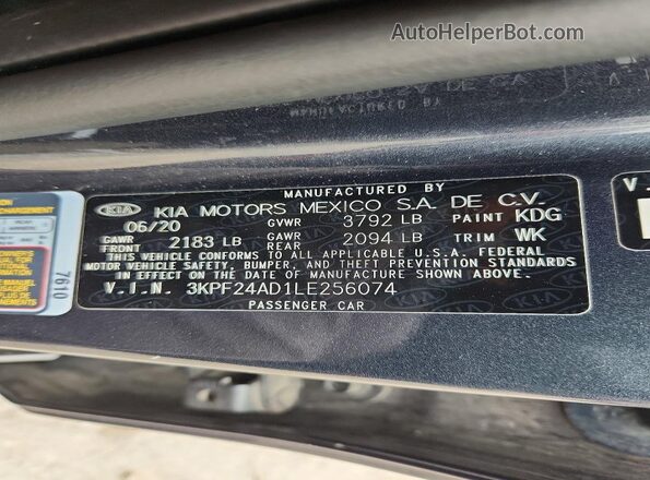 3KPF24AD1LE256074 2020 KIA FORTE Gray Շարժիչի բաժամունքի տեսք