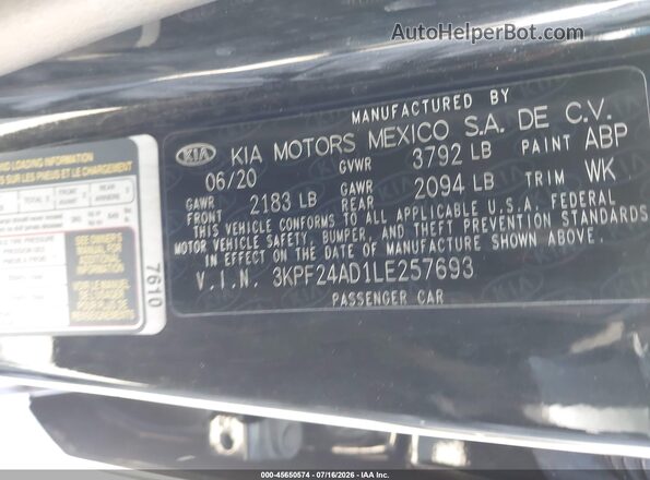 3KPF24AD1LE257693 2020 KIA FORTE Black Вид підкапотного простору