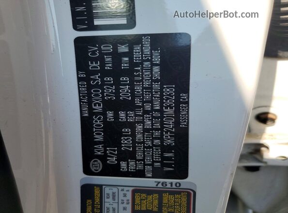 3KPF24AD1ME362381 2021 KIA FORTE White Widok komory silnika