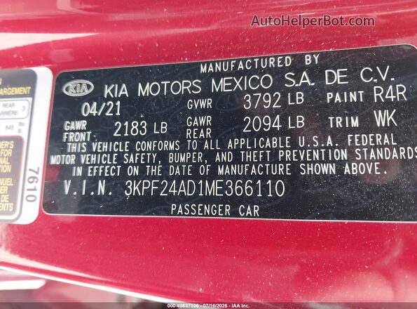 3KPF24AD1ME366110 2021 KIA FORTE Red Շարժիչի բաժամունքի տեսք