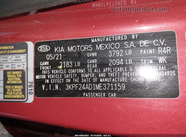 3KPF24AD1ME371159 2021 KIA FORTE Red Widok komory silnika