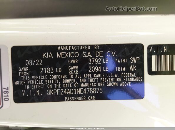 3KPF24AD1NE478875 2022 KIA FORTE Белый Вид подкапотного пространства