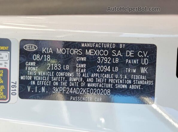 3KPF24AD2KE020208 2019 KIA FORTE White Widok naklejki z numerem VIN