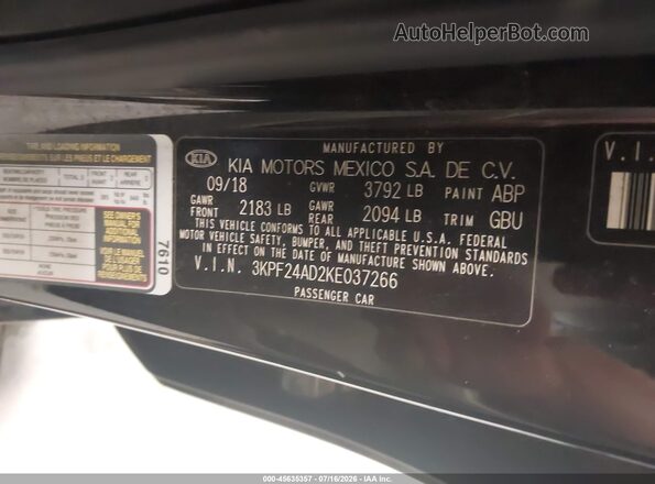 3KPF24AD2KE037266 2019 KIA FORTE Black ძრავის განყოფილების ხედი