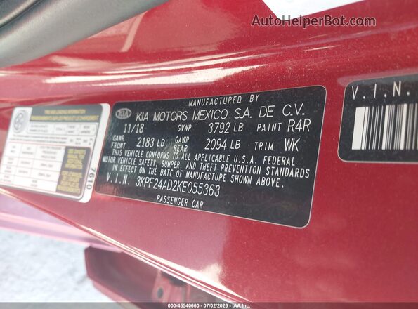 3KPF24AD2KE055363 2019 KIA FORTE Red Вид підкапотного простору