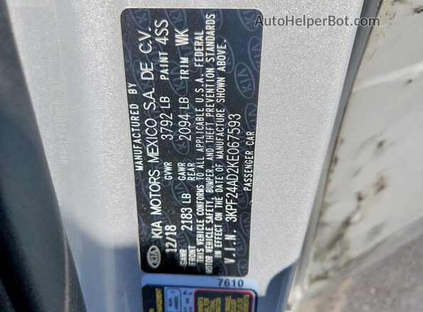 3KPF24AD2KE067593 2019 KIA FORTE Silver ძრავის განყოფილების ხედი