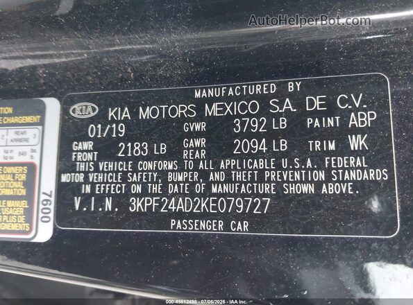 3KPF24AD2KE079727 2019 KIA FORTE Black Vista del compartimento del motor