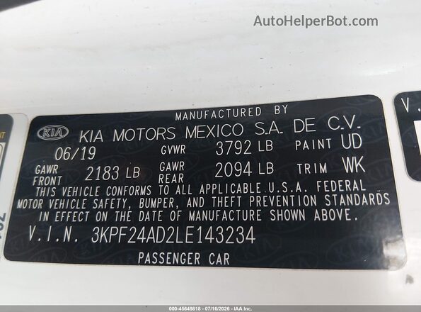 3KPF24AD2LE143234 2020 KIA FORTE White Vista del compartimento del motor