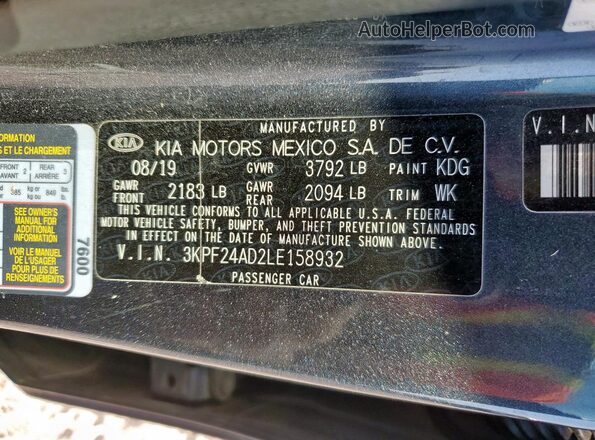 3KPF24AD2LE158932 2020 KIA FORTE Gray Вид наклейки з VIN-кодом