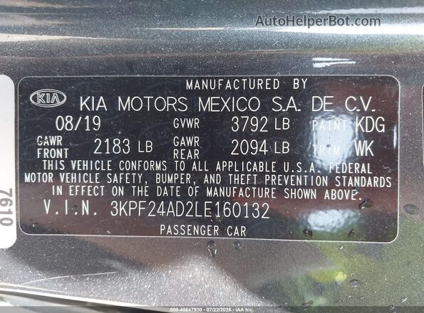 3KPF24AD2LE160132 2020 KIA FORTE Gray Շարժիչի բաժամունքի տեսք