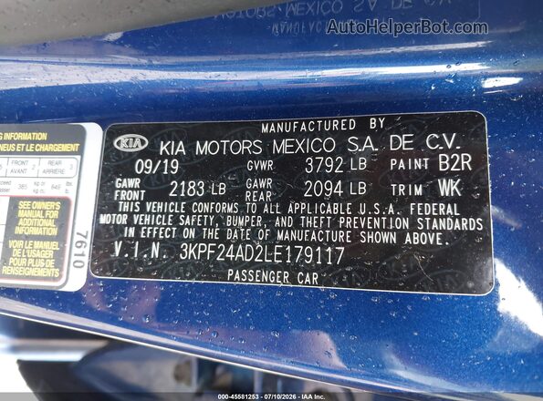 3KPF24AD2LE179117 2020 KIA FORTE Blue Вид підкапотного простору