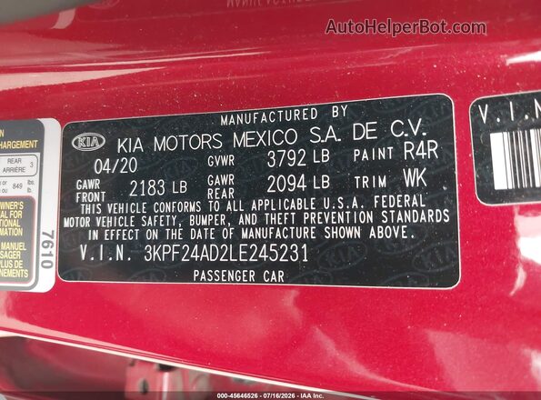 3KPF24AD2LE245231 2020 KIA FORTE Red Engine compartment view