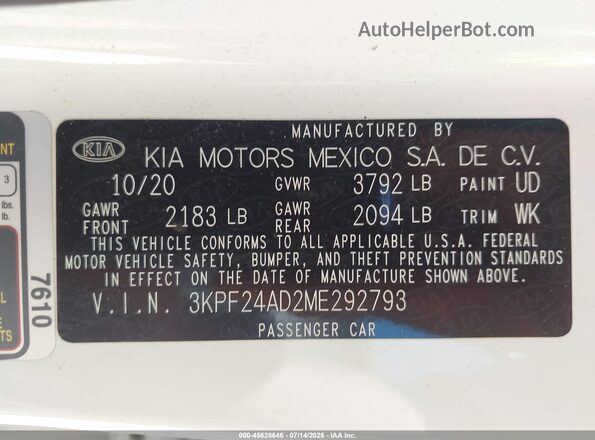 3KPF24AD2ME292793 2021 KIA FORTE White Engine compartment view