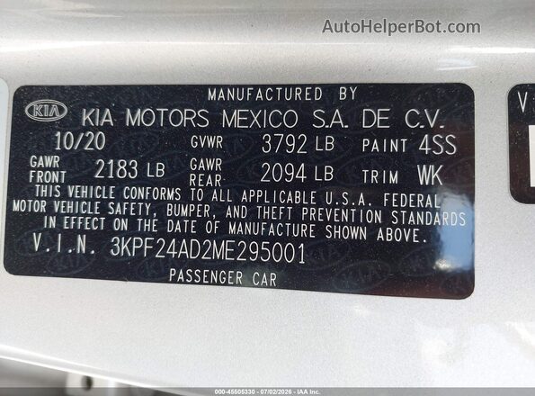 3KPF24AD2ME295001 2021 KIA FORTE Silver Вид підкапотного простору