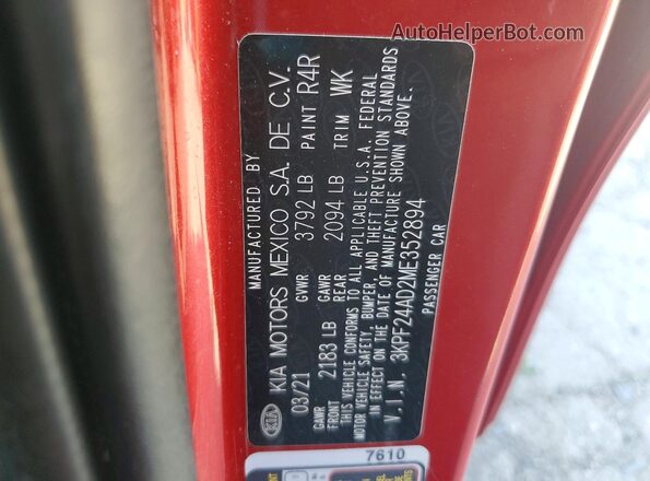 3KPF24AD2ME352894 2021 KIA FORTE Red Շարժիչի բաժամունքի տեսք