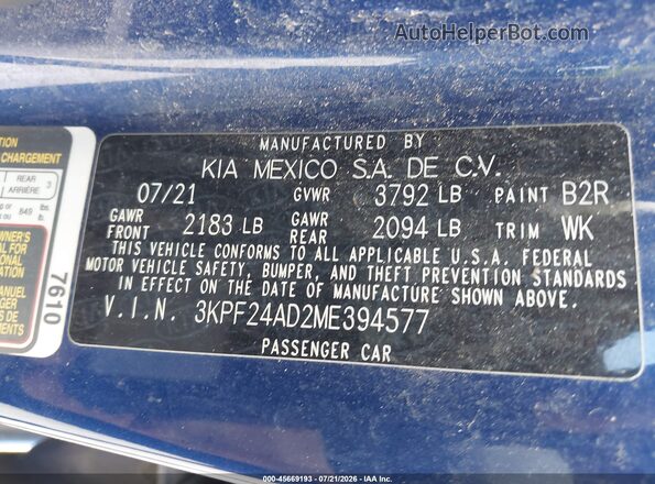 3KPF24AD2ME394577 2021 KIA FORTE Blue Շարժիչի բաժամունքի տեսք