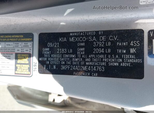 3KPF24AD2ME414763 2021 KIA FORTE Silver Widok komory silnika