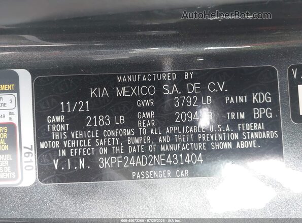 3KPF24AD2NE431404 2022 KIA FORTE Gray Engine compartment view