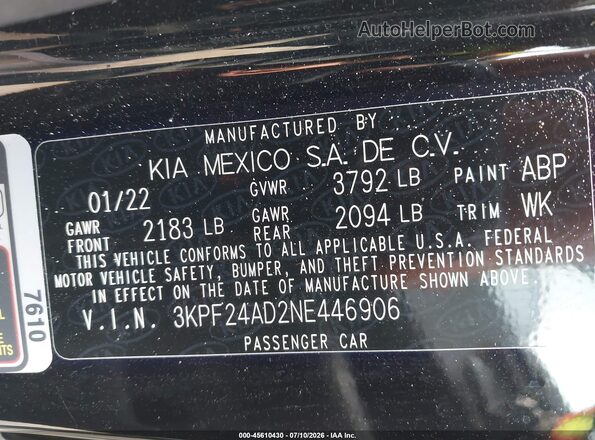 3KPF24AD2NE446906 2022 KIA FORTE Black Widok komory silnika