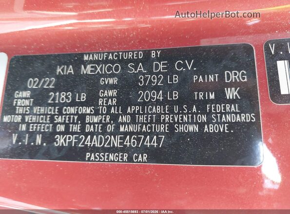 3KPF24AD2NE467447 2022 KIA FORTE Orange Շարժիչի բաժամունքի տեսք