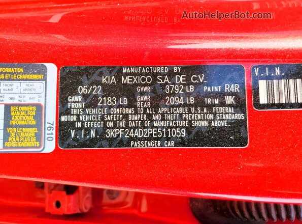 3KPF24AD2PE511059 2023 KIA FORTE Red VIN კოდის სტიკერის ხედი