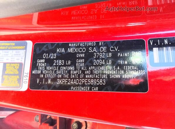 3KPF24AD2PE589583 2023 KIA FORTE Red Вид наклейки з VIN-кодом