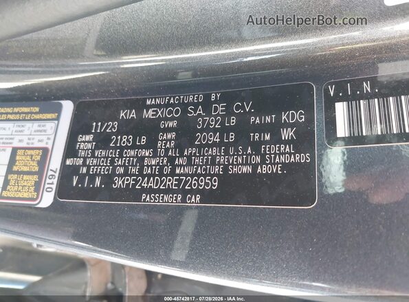 3KPF24AD2RE726959 2024 KIA FORTE Gray Engine compartment view
