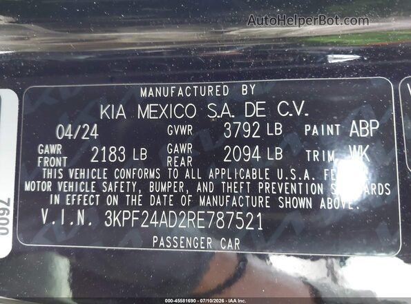 3KPF24AD2RE787521 2024 KIA FORTE Black Widok komory silnika
