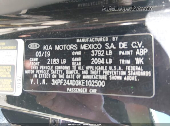 3KPF24AD3KE102500 2019 KIA FORTE Black ძრავის განყოფილების ხედი