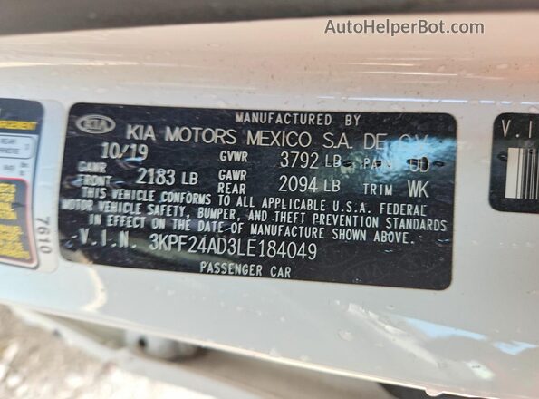 3KPF24AD3LE184049 2020 KIA FORTE White ძრავის განყოფილების ხედი